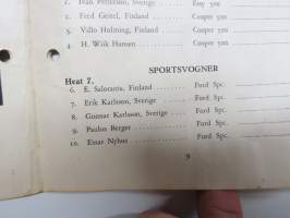Bjerkebanen Motorcykkel- og bilrace 1950 -käsiohjelma, mm. suomalaiset Fred Geitel &amp; Evert Saloranta Ford V8 -vaunullaan osallistujana