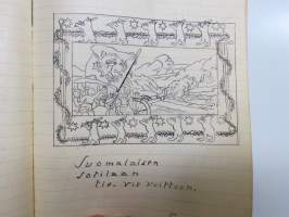 Lauluja ja muistoja sotilasajoiltani, lentosotamies Evert Saloranta (sittemmin kilpa-autoilija), Santahamina, 1937-38, erittäin hyvät ja "poikkeavat" kuvitukset