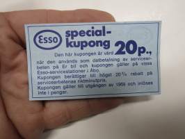 Esso erikoiskuponki 20 penniä oikeuttaa alennukseen huoltotöistä vuoden 1969 loppuun