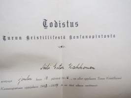 Todistus Turun Kristillisestä Kansanopistosta - Aili Ester Kakkonen v. 1934 - allekrjoitus Olavi Kares