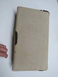 Valokuva-albumi visiittikortti- ja kabinettikuville -vanha, käytössä ollut valokuva-albumi, käytettävissä uudelleen, kohtuukuntoinen, pellavakankainen suojus