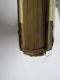 Valokuva-albumi visiittikortti- ja kabinettikuville -vanha, käytössä ollut valokuva-albumi, käytettävissä uudelleen, kohtuukuntoinen, pellavakankainen suojus