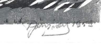 "Sairasvuoteen äärellä" Puupiirros sign 1959 tpla 3/10  , 22x20 cm kehystämätön