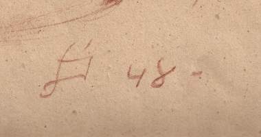 "Selkätutkielma, signeerattu punaliitu piirros sign 1948 , 39x30 cm kehystämätön