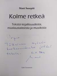 Kolme retkeä : tekstiä kirjallisuudesta, maalaustaiteesta ja musiikista (signeerattu, tekijän omiste)