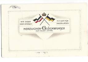 Saksalainen uudenvuodenkortti lippupostikortti postikortti kohopainokortti kulkenut Feldpost kenttäpostia 1914