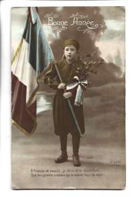 Ranskalainen uudenvuodenkortti lippupostikortti postikortti kohopainokortti kulkenut 1916