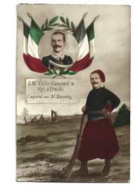 Italian kuningas Viktor Emmanuel III sotilaspostikortti lippupostikortti postikortti kulkenut