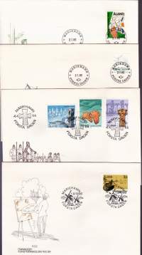 Åländska frimärken 1986 – Ahvenanmaan vuosilajitelma. Postimerkit postituoreina ** mukana myös kaikki 4 FDC‑kuorta.(LAPE FDC 34€, merkit 8€)