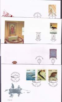 Åländska frimärken 1990 – Ahvenanmaan vuosilajitelma. Postimerkit postituoreina ** mukana myös kaikki 4 FDC‑kuorta.(LAPE FDC 15€, merkit 10€) (filatelia)