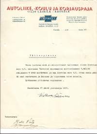 Autoliike, -koulu ja korjauspaja Viljo Lairila Kausala 1937  firmalomake