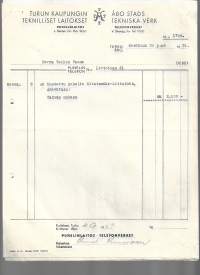Turun kaupungin Teknilliset laitokset Puhelinlaitos 1951  - firmalomake