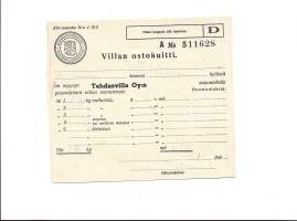 Villan ostokuitti 1941 / Kansanhuoltoministeriö Tehdasvilla OyMynämäki