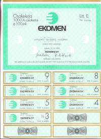 Ekomen Oy 1000 A osketta a 100 mk  osakekirja, Helsinki