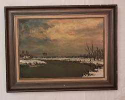 Upea suuri öljyvärimaalaus –Talvinen jokimaisema. (Ulkolainen taide, kuvataide, taulut, nr 26)