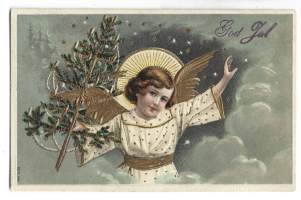 Enkelikortti kohopainokortti    joulukortti kulkenut nyrkkipostissa