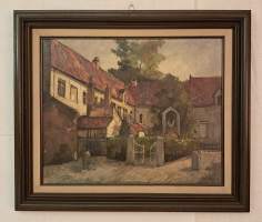 Suuri ja näyttävä öljyvärimaalaus – Eurooppalainen vanhakaupunki. (Ulkolaiset kuvataitelijat, taulut, kuvataide, nr 32 )