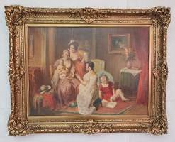 Upea ja suuri öljyvärimaalaus prameilla kultakehyksillä  "Naiset ja lapset sisäkuvassa" ( Ulkolaiset kuvataiteilijat, taulut, kuvataide, nr 23 )