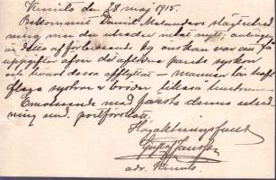 Filatelia Suomi - Ehiökortti 29.5.1915. Sensuurileima: Punainen suorakaideleima: ”ПРЕДЪЯВЛЕНО ВОЕННОЙ ЦЕНЗУРѢ”, Kimito 29.5., Turku 30.5. ja Sauvo 31.5..