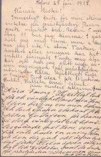 Filatelia Suomi - Ehiökortti 26.1.1915. Sensuurileima: Punainen suorakaideleima: ”ПРЕДЪЯВЛЕНО ВОЕННОЙ ЦЕНЗУРѢ”,Helsinki 26.1., Sauvo 27.1.