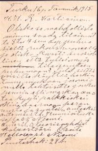 Filatelia Suomi - Ehiökortti 13.1.1915. Sensuurileima: Punainen suorakaideleima: ”ПРЕДЪЯВЛЕНО ВОЕННОЙ ЦЕНЗУРѢ”: Åbo 16.1., Sauvo 13.1.