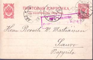 Filatelia Suomi - Ehiökortti 20.3.1915. Sensuurileima: Punainen suorakaideleima: ”ПРЕДЪЯВЛЕНО ВОЕННОЙ ЦЕНЗУРѢ”: Wiiala 20.3., Åbo 21.3., Sauvo 22.3.