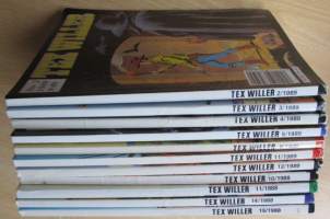 Tex Willer 11 kpl vuosilta 1988 N:o 10, N;o 11, N:o 14 ja N:o 15, 1989: N:o 2, N:o 3, N:o 4, N:o 5, N:o 8, N:o 11 ja N:o 12