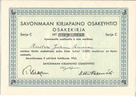 Savonmaan Kirjapaino Oy Savonlinna 1052   -osakekirja
