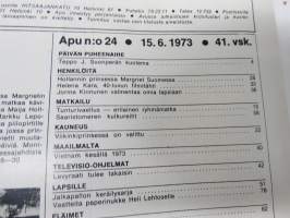 Apu 1973 nr 24,15.6.1973, Teppo J. Suonperän kuolema Luonetjärvi, Helena Kara, Jorma Kinnunen, vaatteita paperinukke Heli Lehtoselle, TA-PA Tampellan Palloilijat...