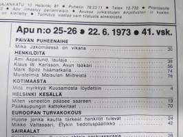 Apu 1973 nr 25-26, 22.6.1973, Kansikuva Armi (Aaviko) on Dannyn uusi tyttö,  Kuusamon sota-ajan sinappikaasupullot?, Suomen ahtain keskussairaala Seinäjoki, Jakomäki