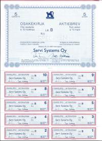Servi Systems Oy , Litt B   5x 10 mk  osakekirja, Helsinki 25.10.1989