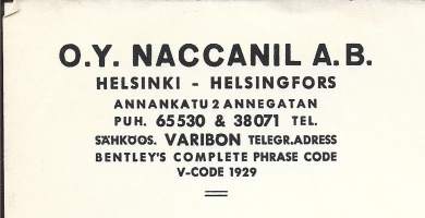 Naccanil Oy Helsinki 1949firmalomake