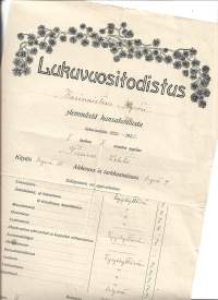 Karinaisten Kyrön ylempi kansakoulu Lukuvuositodistus 1920 -1921  todistus