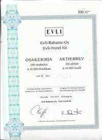 Evli-Rahasto Oy Litt C  100x 10 000 mk = 1 Miljoona markkaa, osakekirja, Helsinki  29.9.1995