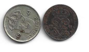 Ruotsi 1 Öre 1949 rautaa ja 25 öre 1941 hopeaa kolikko 2 kpl