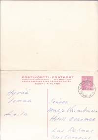 Filatelia - Suomi - Postikorttiehiö 0,25 mk lila vastauslomakkeella (maksettuine vastauksineen) - Lähetetty Las Palmasiin 30.12.69. Las Palmas -leima 10.2.70