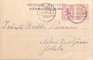Filatelia - Suomi - Postikorttiehiö - Kulkenut - 20 p +20 p postimerkki 1920. Nilsiä ja Kuopio 20.VII.20 -leimat