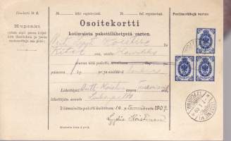 Filatelia Suomi - Osoitekortti -  7.1.1909 (3 x 20p sininen) Tuusniemi