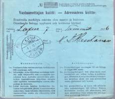 Filatelia Suomi - Postiosotuskortti -  6.1.1916, (3 x 5 p vihreä, 3 x 10 p sininen) . Leimat: Tampere, Lapua