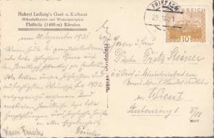 Itävalta - vanha postikortti 1931 - postimerkki mukana. Hubert Ladinig's Gast- und Kurhaus, Flattnitz, Kärnten. Maisemakuva