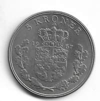Tanska 5 krone 1967  - ulkomainen kolikko