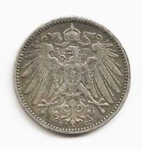 Saksa 1 Mark 1907 E  hopeaa ulkomainen kolikko