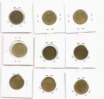 Erä kehystettyjä 5 markka kolikoita   1931, 1938, 1939, 1941, 1946, 1948, 1949, 1950 ja 1951 yht 9 kpl erä