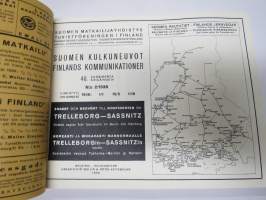 Turisti - Turisten -  Suomen kulkuneuvot - Finlands kommunikationer Rautateiden aikataulut ja höyrylaivojen ja autojen kulkuvuorot, lentoreittejä...1938 NÄKÖISPAINOS