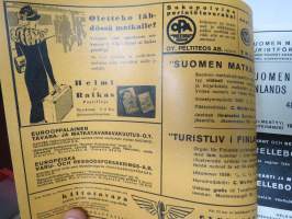 Turisti - Turisten -  Suomen kulkuneuvot - Finlands kommunikationer Rautateiden aikataulut ja höyrylaivojen ja autojen kulkuvuorot, lentoreittejä...1938 NÄKÖISPAINOS