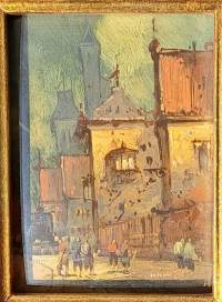Sergio Cozzuol . "Kylämaisema"  öljyvärimaalaus sign 21x18 cm Antiikkinen alkuperäinen Sergio Cozzuol öljymaalaus kuparilevylle, todistus takana