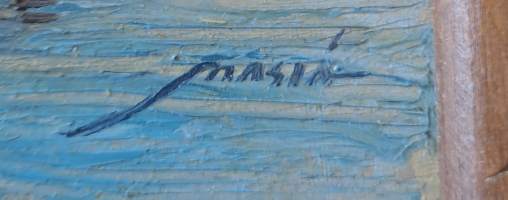 Laatu miniatyyrimaalaus . "Kalastajat "  öljyvärimaalaus  puulle sign Masia  17x20 cm  käsinveistetyt puukehykset