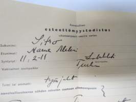 Asevelvollisen esteettömyystodistus - Aarne Sitro synt. 11.2.1911 Lokalahti, Turun Sotilaspiirin Esikunta 21.11.1946 -asiakirja