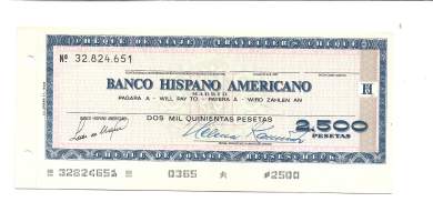 Vanha espanjalainen matkasekki /  Banco Hispano Americano -2 500 pesetaa.Käyttötarkoitus: Se on ollut käytössä matkustajien maksuvälineenä - shekki ei reaaliarvoa