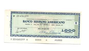 Vanha espanjalainen matkasekki /  Banco Hispano Americano - 1 000 pesetaa.Käyttötarkoitus: Se on ollut käytössä matkustajien maksuvälineenä - shekki ei reaaliarvoa